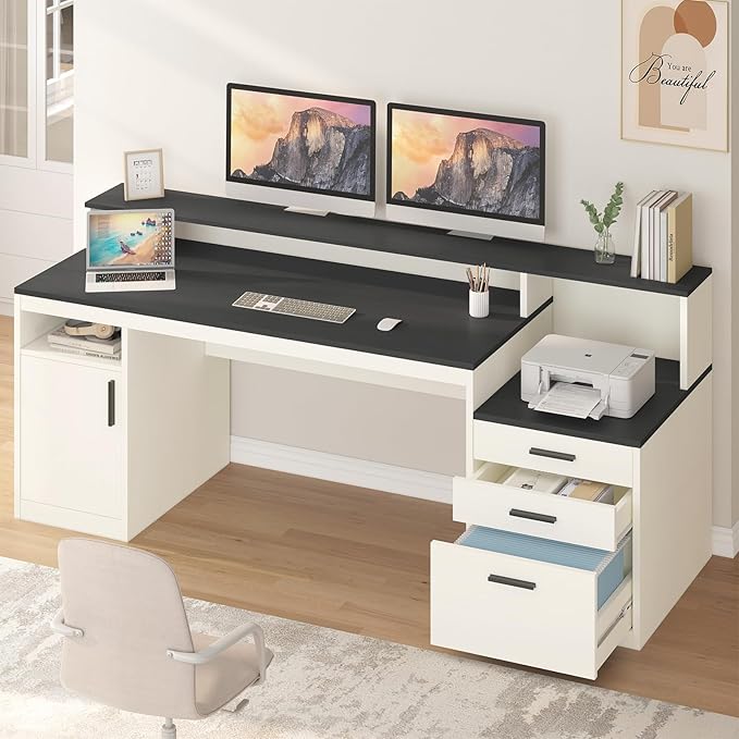 65 Inch Computer Desk with 3 Drawers &amp Storage Shelves Executive Desk with File Drawer &amp Cabinet Home Office Desk with Long Monitor Stand &amp Printer Shelf Black &amp White