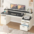 65 Inch Computer Desk with 3 Drawers &amp Storage Shelves Executive Desk with File Drawer &amp Cabinet Home Office Desk with Long Monitor Stand &amp Printer Shelf Black &amp White