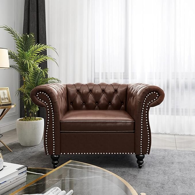 Living Room Chair Modern Leather Chesterfield Sofa Chair Mid Century Single Sofa Couch Chair with Tufted Back and Rolled Arms Accent Sofa Chair for Living Room Apartment Brown