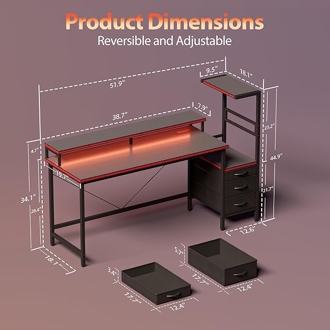 Mericonia Gaming Desk with Power Outlets &amp LED Lights Reversible Computer Desk with PC Case Stand Fabric Drawers Modern Office Desk with Shelves Monitor Stand