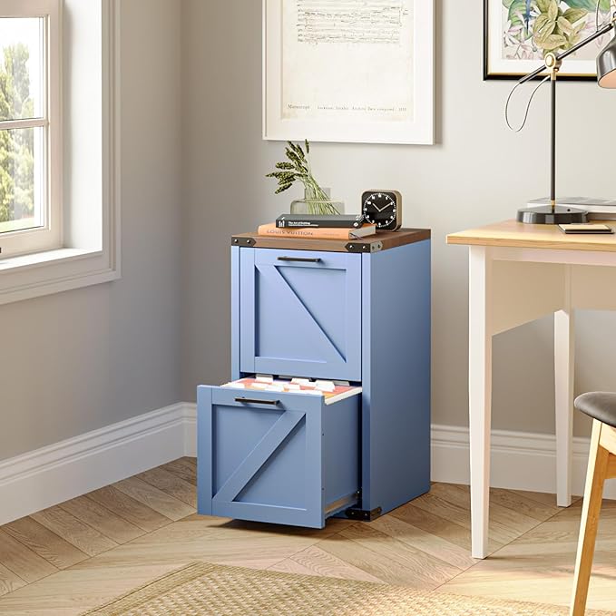 VINGLI 2 Drawer Farmhouse Metal File Cabinet Home Office Filing Organizer for Letter File Folder Storage Printer Stand with Drawers Archivador Vertical Filing Cabinet for Study Business (Blue)
