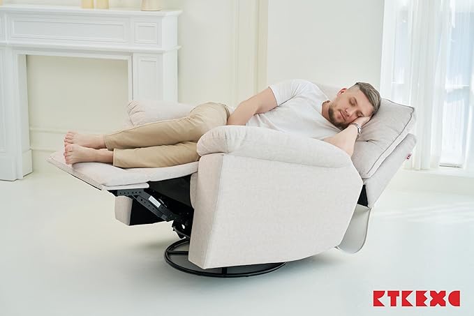 Reclining Sofa Rocking Recliner Chair Manual Adjustable 360 Swivel with Ergonomics Overstuffed Lumbar Arm Support Natural Fabric Surface Made for Living Room Bedroom Nursery Milk White