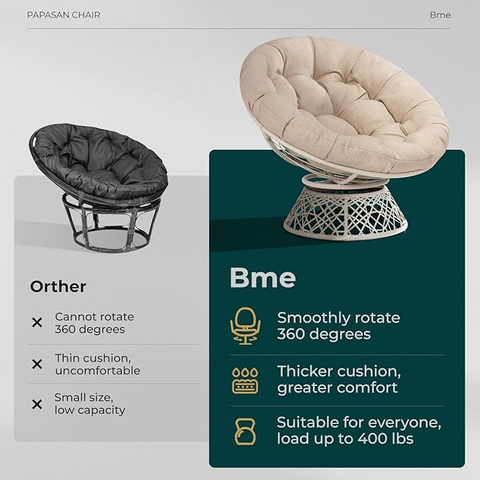 Bme 40 Ergonomic Wicker Papasan Chair with Soft Thick Cushion &amp Frame 360° Swivel Circle Reading Comfy Chair for Living Room Bedroom