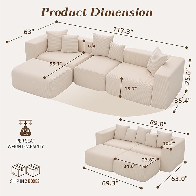 117” Boneless Cloud CouchSectional Modern 4 Seater L-Shaped Sleeper Sofa CouchesNo Assembly Modular Corduroy Convertible Sponge Compression Sofas with Chaise and Ottoman for Living Room(Beige)