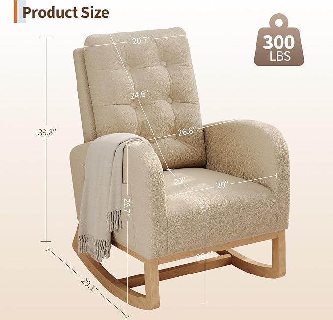 GarveeHome Nursery Rocking Chair Teddy Fleece Upholstery Sturdy Wooden Legs &amp High Backrest Comfortable Glider Rocking Chair for Living Room or Bedroom Light Brown