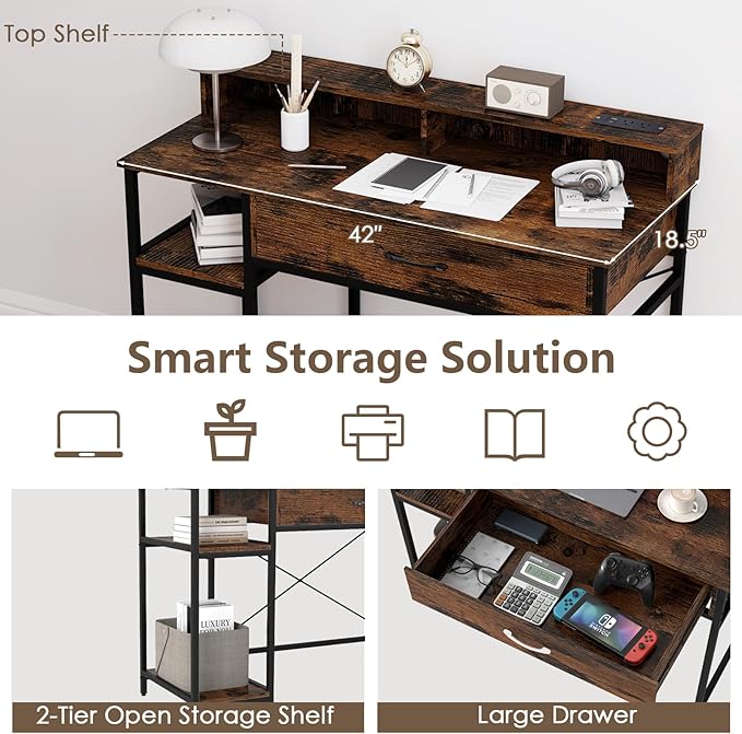 Tangkula Small Computer Desk with Power Outlets 42 Writing Desk with Hutch Drawer &amp 2 Open Shelves Gaming Table with Heavy-Duty Metal Frame for Home Office (Rustic Brown)