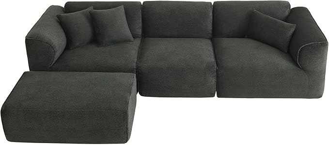 Luxury Living Room Double-Needle Cut Velvet Sofa 4-Seater with Pure Sponge Seat Cushions A Detachable Footstool and 3 Throw Pillows L Shaped Polyester Sofa for Living Rooms (Green-EK99)
