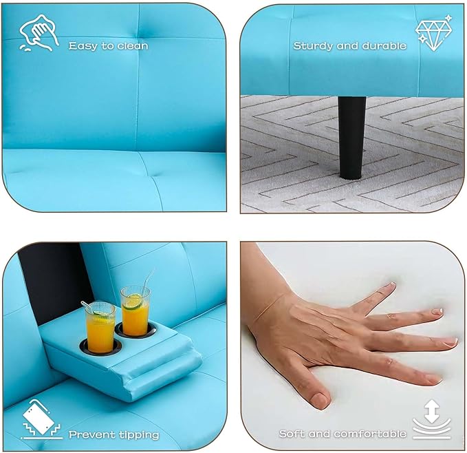 67 Futon Sofa BedConvertible Sofa Bed with 2 Cup HoldersSleeper Couch PVC Leather Removable Soft Armrest Small Couch for Living Room Apartments ﻿ (Blue)
