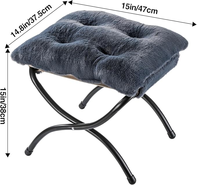 15 Foldable Foot Stool Ottoman with Metal Frame - Washable Faux Fur Navy Upholstered Indoor/Outdoor Footrest for Living Room Bedroom Patio - Space-Saving Compact Design