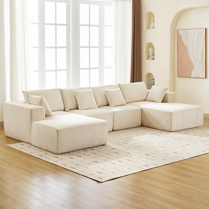 Cloud Boneless Couch 137 Modern Sectional U-Shaped Comfy No Assembly Required Convertible Compression Sleeper Modular Sofa with Corduroy Fabric Deep Seat Single + Chaise for Living Room