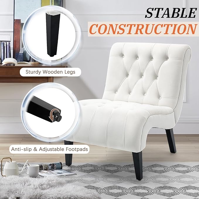 AVAWING Armless Accent Chair Set of 2 Upholstered Button Tufted Living Room Chairs with Wood Legs Comfy Frosted Velvet Lounge Chair Reading Chair for Bedroom Cream White