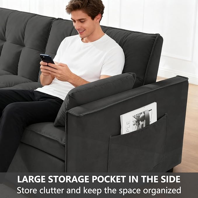 53'' Convertible Sleeper Sofa Bed Modern Velvet Fabric Adjustable Backrest Side Pocket and 2 Pillows 3-in-1 Pull Out Loveseat Couch for Living Room Bedroom Small Spaces Black