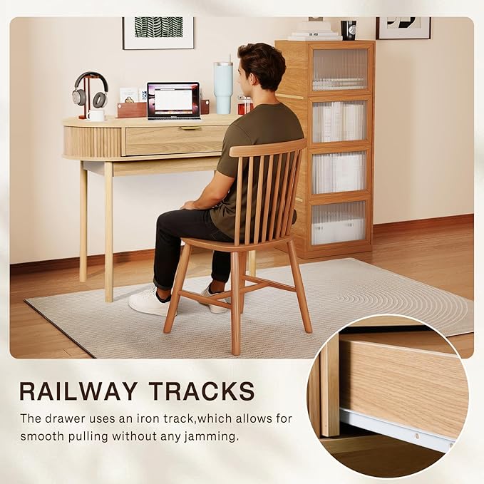 Oval Wood Desk with Drawer39.37 Inch Small Study Work Writing Desk Computer Gaming TableStudent PC Storage MDF Desk for Home Office Bedroom Living Room(Light Oak Color)