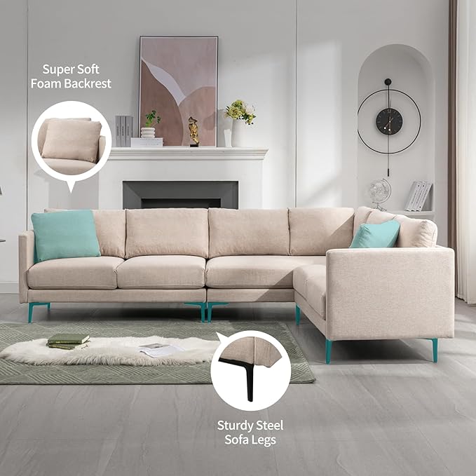 BALUS 107 Width Sectional L Shaped Sofa Couch Set for Living Room Convertible Oversized 5-Seat Corner Sofa Sets with 2 Pillows Modern Linen Sofas with Metal Legs for Living Room Apartment - Beige