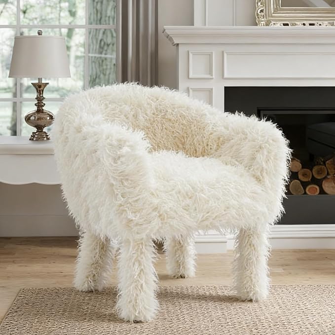 Modern Faux Fur Accent Chair with Solid Wood Frame Comfy Living Chair Cozy Furry Lounge Chair Upholstered Armchair for Living Room Bedroom Vanity Reading Nook (Ivory)