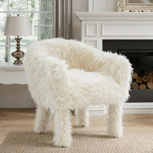 Modern Faux Fur Accent Chair with Solid Wood Frame Comfy Living Chair Cozy Furry Lounge Chair Upholstered Armchair for Living Room Bedroom Vanity Reading Nook (Ivory)