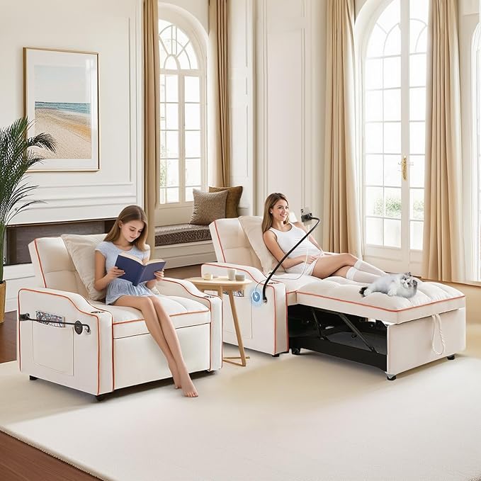 Antetek Sleeper Sofa Chair Bed with Charging Ports &amp Phone Holder &amp Cup Holder Modern Velvet 3 in 1 Convertible Pull Out Single Sofa Chair Bed for Small Spaces Apartment Beige