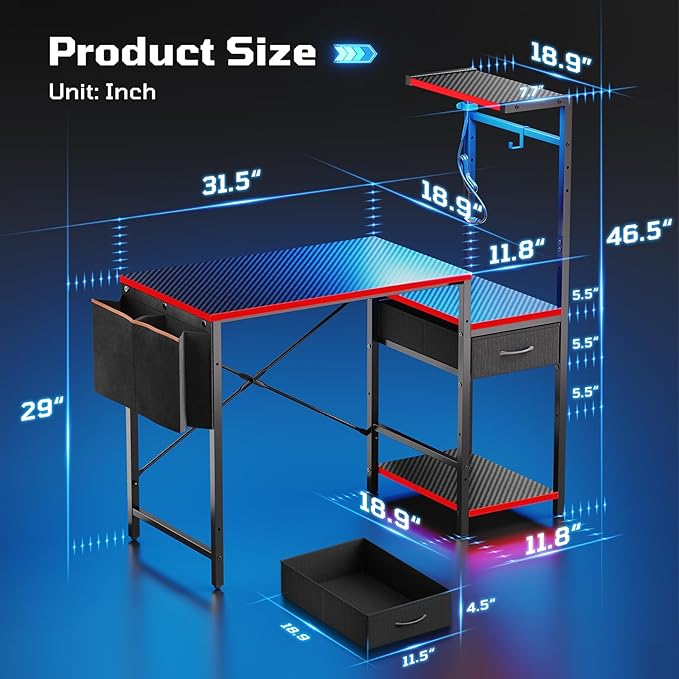 Bestier Gaming Desk with Drawer 44 Inch Small Computer Desk with PC Shelf Gaming Table with LED Lights for Small Spaces Reversible Gamer Desk with Storage Bag &amp Side Hook Black-RED