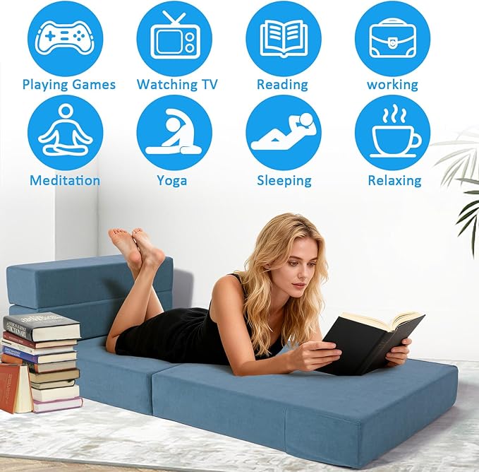 Folding Sofa Bed 4 in 1 Convertible Sleeper Chair with Washable Cover Memory Foam Fold Out Chair Bed Portable Floor Futon Sofa Couch for Living Room Dorm Guest Room Home Office Blue | Folding