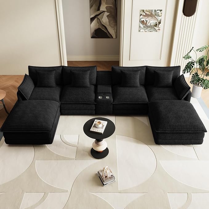 143 Oversized Modular Sectional Sofa U Shaped Cloud Couch 6 Seat Sofa Set for Living Room Comfy Corduroy Deep Seat with Storage Central Console Movable Ottomans USB Ports Cup Holders Black