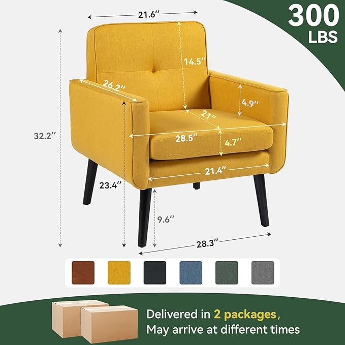 Accent Chair Set of 2 Fabric Modern Chair with Wooden Frame Cozy Armchair Reading Chair with Comfy Back for Apartment Living Room Bedroom Waiting Room Small Space Corner Yellow