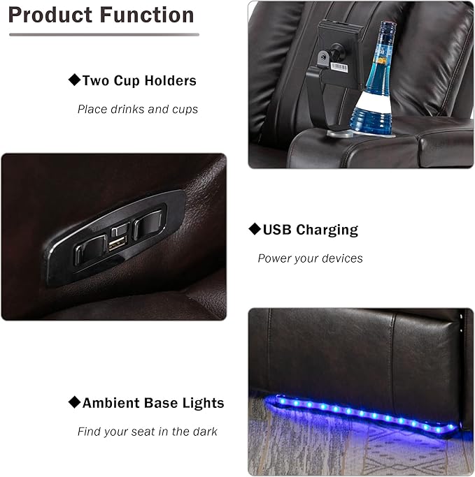 Leather Power Recliner Chair Electric PU Recliner with Hidden Arm Storage USB Charging Port 2 Cup Holders Tray Table Phone Stand for Home Theater