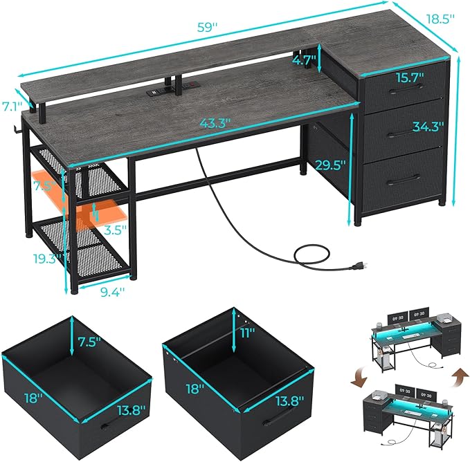 SEDETA 59 Office Desk with File Drawers Reversible Computer Gaming Desk with Storage LED Lights &amp Power Outlet Home Office Desks for Printer Grey