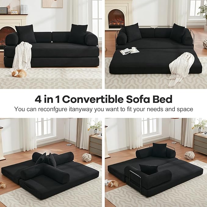 Convertible Folding Sofa Bed Modular Floor Sofa with Removable Backrest Corduroy Folding Mattress Couch with Fixed-Shape Frame for Living Room Bedroom Lounge (Black)