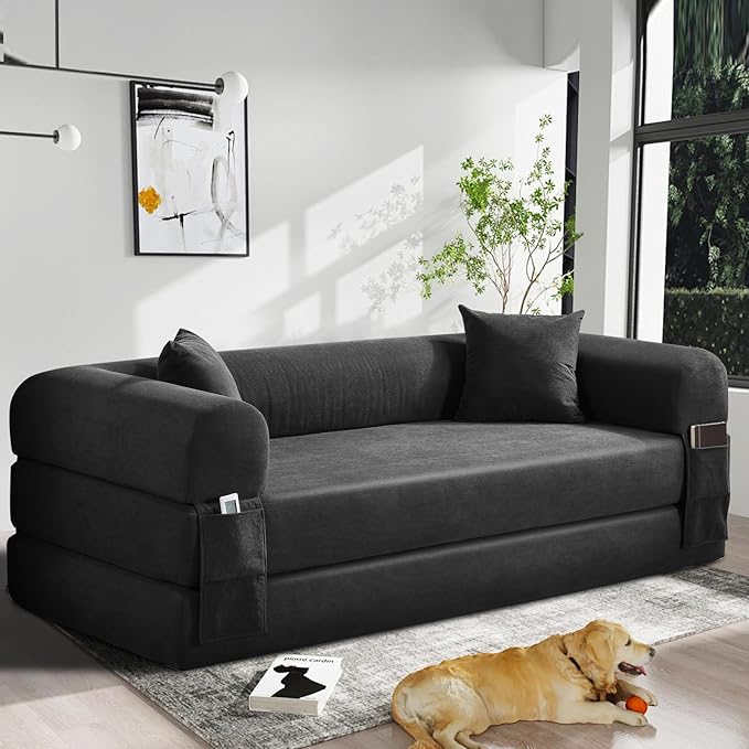 KBQ 3-Seat Convertible Sleeper Sofa Bed with 2 Pillows Corduroy Folding Mattress Couch Floor Sofa Lounge Couch for Living Room Bedroom Lounge Studio Deep Gray