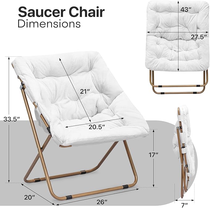 Foldable Oversized Moon Chair Large Soft Lazy Cozy Comfortable Faux Fur Square Saucer Moon Chair for Teens and Adults White