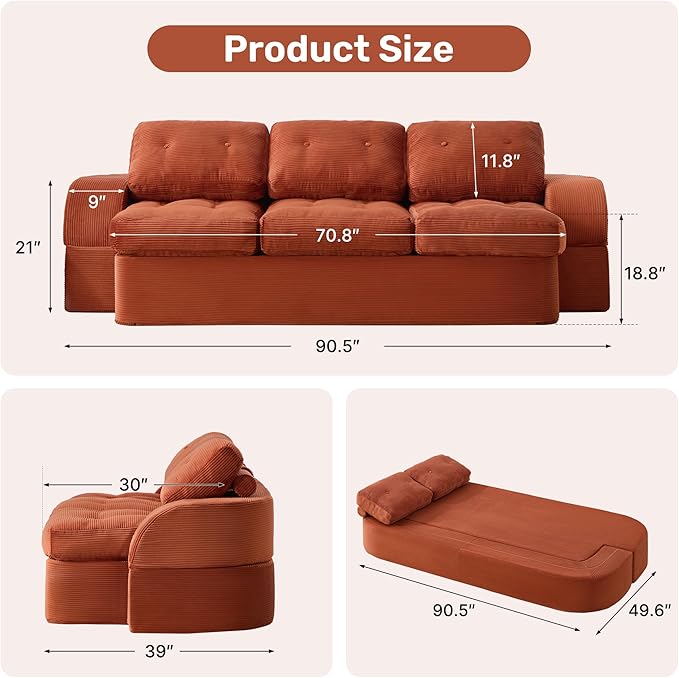 Convertible Sofa Bed3-Seater Boneless Couches for Living Room 2 in 1 Folding CouchFold Out Floor Couch with PillowsCloud Floor LoveseatFloor Futon Sleeper for Living Room Bedroom LoungeOrange