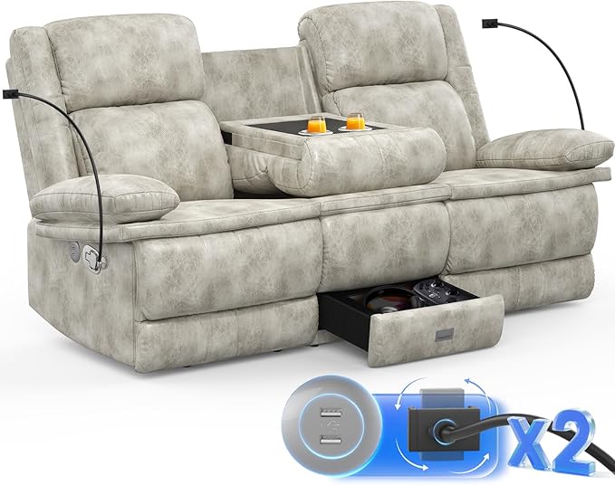 3 Seater Recliner Sofa FSC Certified Manual Reclining Couch with Flip-Up Middle Backrest &amp Drawers Modern Recliner Sofa with USB Ports 2 Cell Phone Holder for RV Home Theater