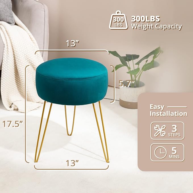 LUE BONA Vanity Stool Teal Vanity Stools for Makeup Room Round Ottoman Foot Stool Velvet Footrest Vanity Chair for Bathroom Vanity Bedroom Living Room Entryway Offices 300lbs