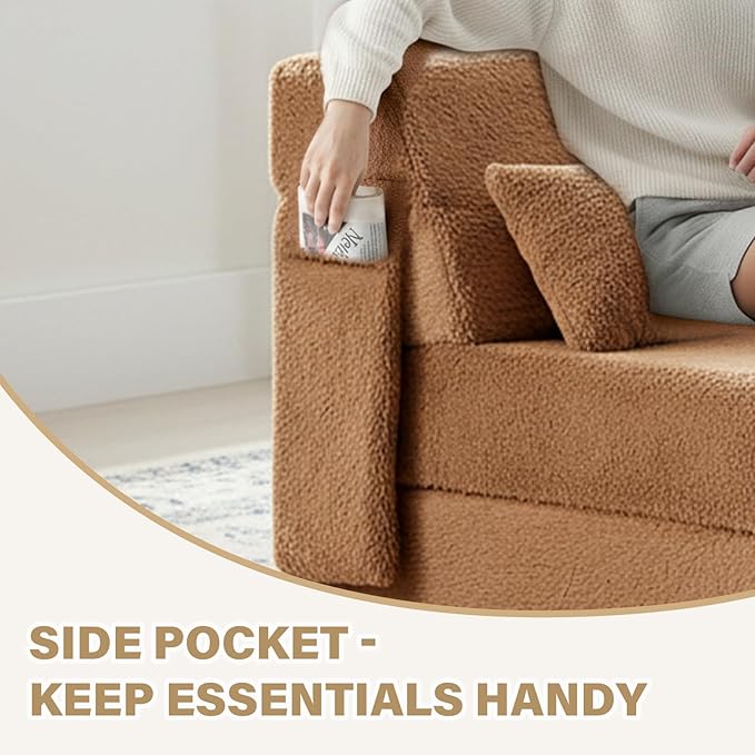 Tiita Convertible Folding Sofa Bed Single Size for Adults with Pillow Plush Fabric Floor Mattress Couch Bed Washable Cover &amp Side Pocket Guest Room Dorm Apartment Living Room Brown