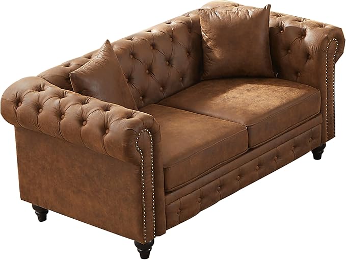 KEIKI Chesterfield Sofa Retro Style Upholstered 2 Seater Tech Fabric Couch with Rolled Arm for Living Room Bedroom Office Brown