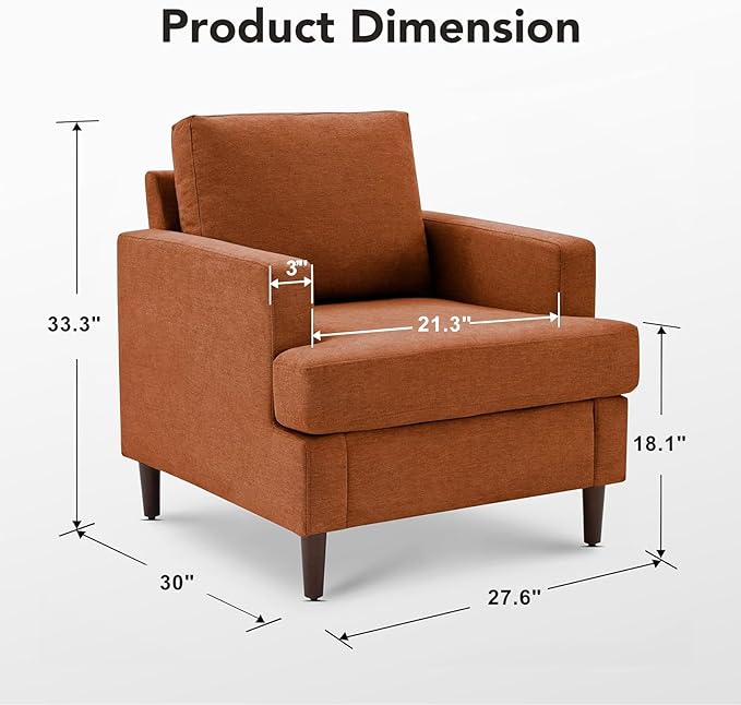 Mid-Century Accent ChairModern Linen Fabric Armchair for Living RoomComfy Upholstered Reading Accent Chairs for BedroomSingle Sofa Chair with Wood Legs (Orange 2 Pack)