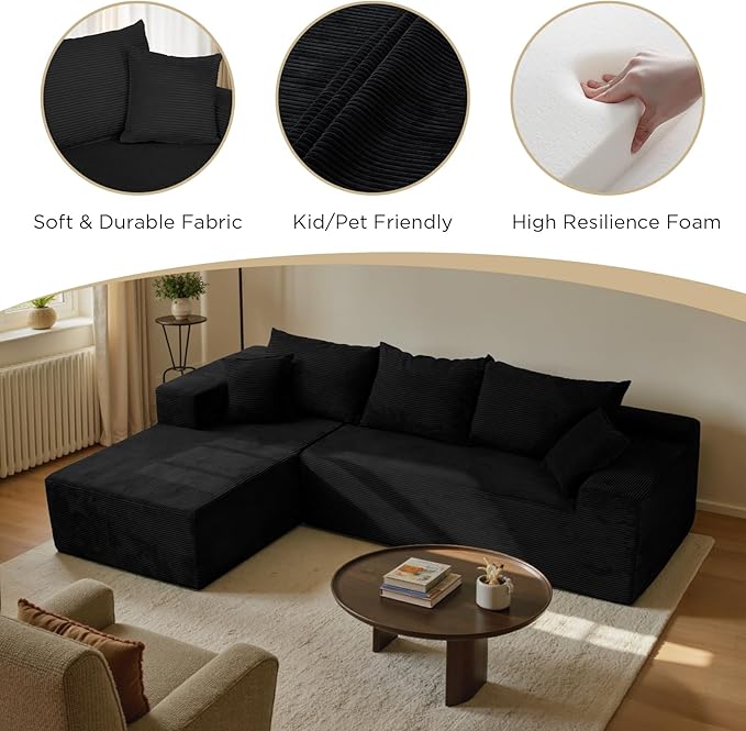 Black Sectional Couches for Living Room Boneless Couch with L-Shape Chaise Modular Sofa in Box with Deep Seat No Assembly Required