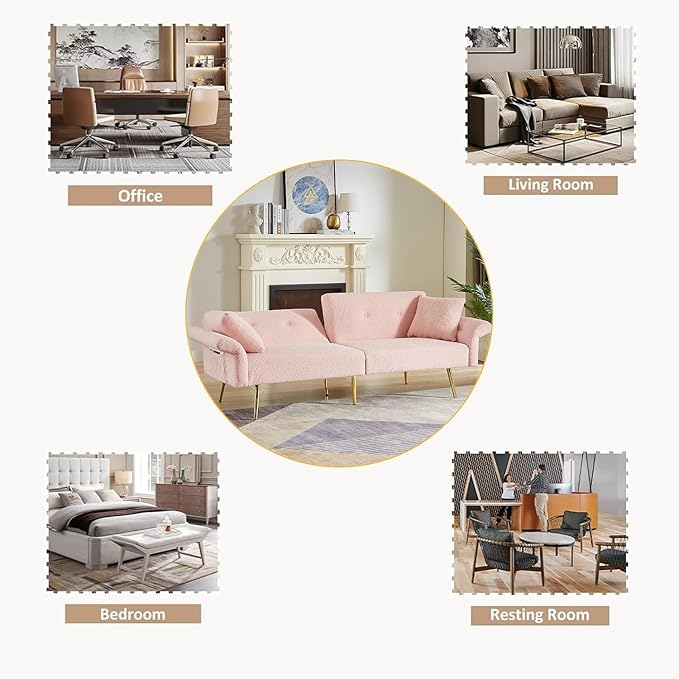 69.5''Pink Futon Loveseat Sofa Bed Teddy Upholstered Folding Couch with Adjustable Backrest and Armrests Sleeper Couches with Side Pocket and Gold Metal Legs for Small Space Living Room (Pink)