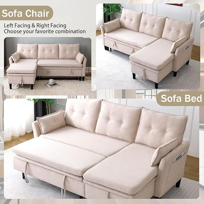 78 L-Shaped Sleeper Sofa Bed Couch 3-Seater Reversible Pull Out Couch Bed with Storage Chaise Lounge Cotton-Linen Pullout Sofabed Sectional Couches for Living Room Apartment Beige