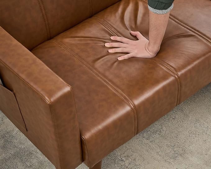 GarveeHome 75 in Futon Sofa Bed Mid-Century Futon Couch PU Leathe Convertible Sleeper Couch with Adjustable Backrest Loveseat and Side Pockets for Living Room &amp Bedroom (Coffee)