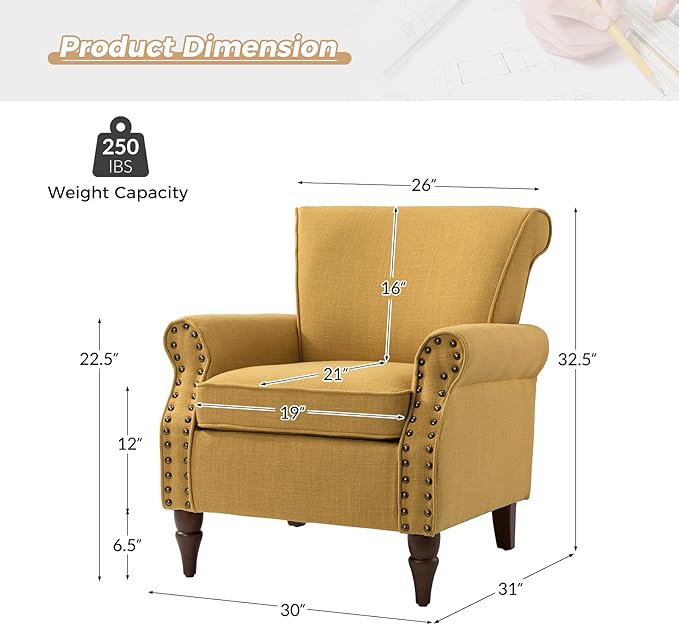HULALA HOME Accent Chair with Wood Legs &amp Removable Cushion Modern Wingback Armchair with Nailhead Trim Comfy Upholstered Lounge Chair Single Sofa Chairs for Living Room Bedroom Mustard