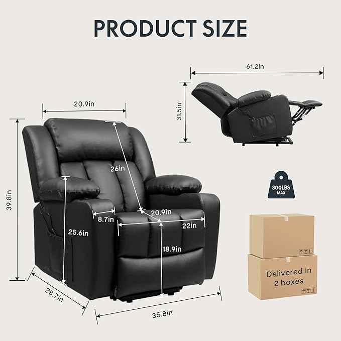 FLEXISPOT XL31 Power Lift Recliner Chair for Elderly Electric Lift Chair with Massage &amp Heat PU Leather Reclining Sofa w/Cup Holders Side Pockets for Living Room Bedroom(Medium SizeBlack)