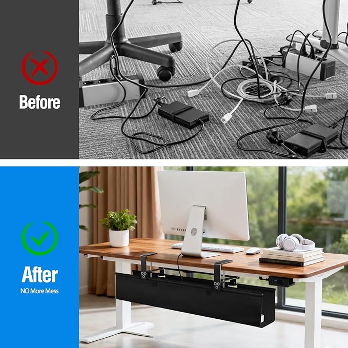 Under Desk Cable Management Tray - Heavy Duty No-Drill Clamp &amp Screw Mount 28-Inch Cord Organizer for Home Office Gaming Setup &amp Study Room Holds Power Strip &amp Large Adapters (Black 28