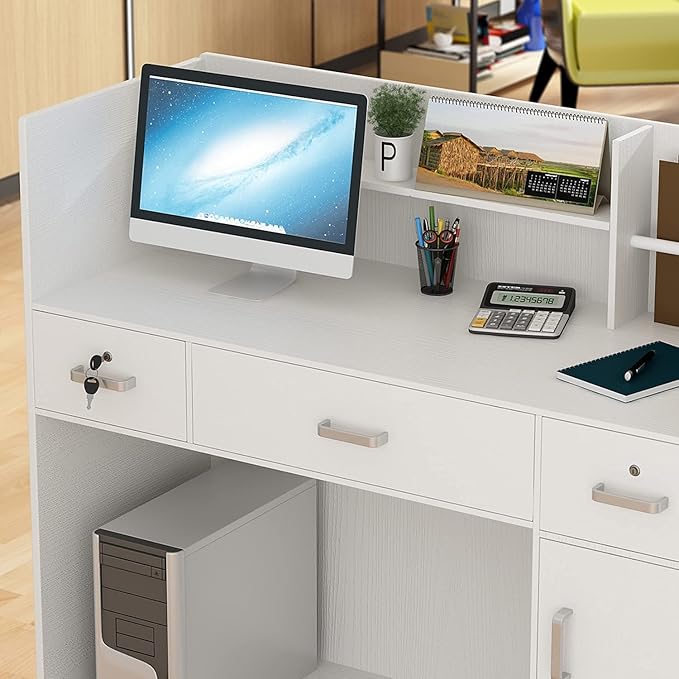 Homsee Modern Reception Desk with 3 Drawers 1 Door Storage Cabinet &amp Hutch Shelf Office Wooden Computer Desk Writing Study Table PC Laptop Desk White (47.3 L x 18.3 W x 43.3 H)