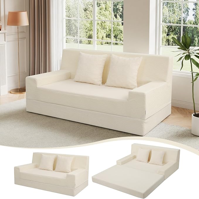 MeMoreCool Boneless Folding Queen Sofa Bed – Corduroy Convertible Futon Sleeper Couch with Foam Core &amp Pillow Washable Cover Space-Saving Floor Sofa for Living Room Guest Bedroom Apartment