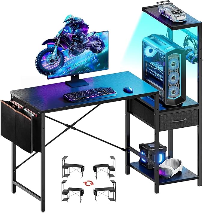 Bestier 44 Inch Gaming Desk for Small Spaces Reversible Computer Desk with Drawers &amp Shelves Modern Gamer Desk Table with Side Bag &amp Headphone Hook for Home Office Black