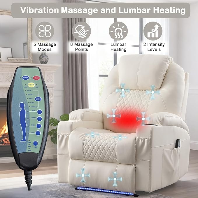 Power Recliner Chair with Heat and Massage for Adults - Home Theater Seating with LED LightsCup HoldersSide PocketUSB Port - Recliner Sofa for Living Room (Beige Set of 2)