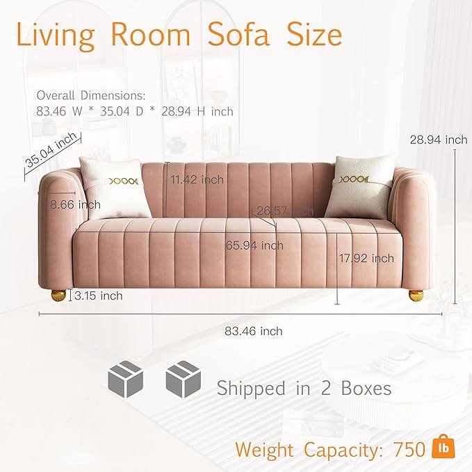Modern Pink Velvet Couch for Living Room 83.46 Curved Sofa with Gold Metal Sphere Legs 3 Seater Upholstered Cute Couch (Pink)