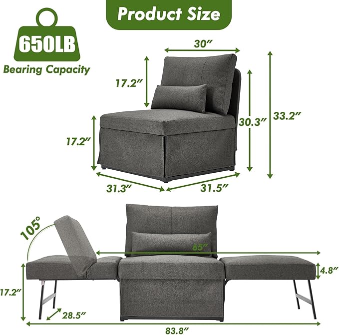 Sleeper Chair Bed Upgrade 4-in-1 to 5-in-1 Convertible Multi-fuction Sofa Chair w/Adjustable Backrest Assembly-Free Linen Folding Sofa Ottoman Bed for Living Room Apartment (Dark Grey)