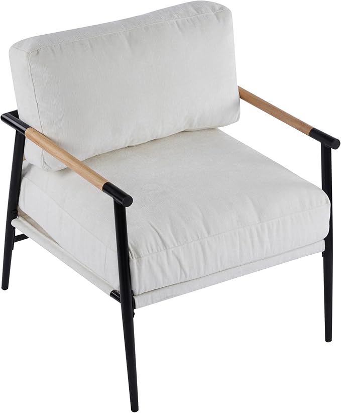 27.56 Modern Accent Chair with Plush Cushions Minimalist Metal Frame and Wooden Armrest Design – Perfect for Cozy Living Room Bedroom or Office Seating